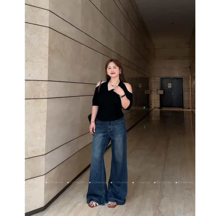 美式复古高腰不贴腿窄版微喇牛仔裤女新款大码直筒微喇长裤