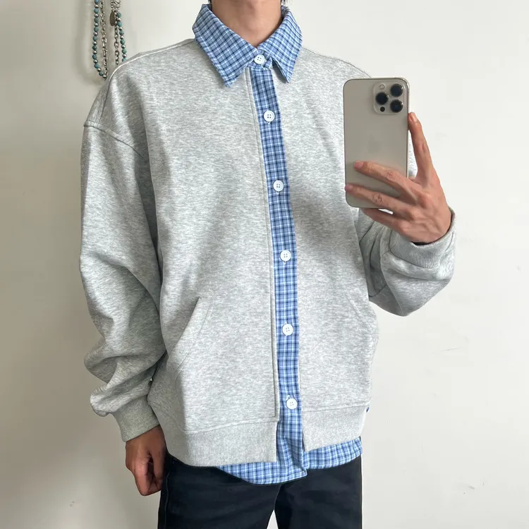 长袖开衫款卫衣拼接假两件休闲双面秋季时尚格子翻领