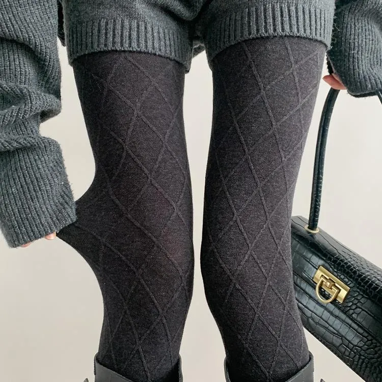 立体菱格来喽~miu系千金风！春秋款深灰色连裤袜保暖打底裤配靴子