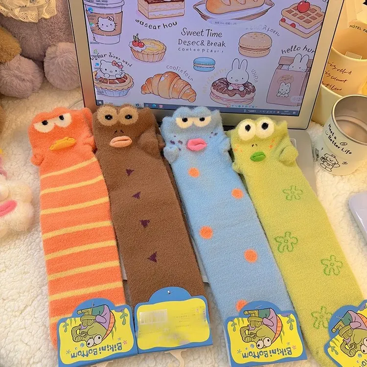 秋冬澳绒加厚保暖立体搞怪卡通比奇堡丑鱼袜萌趣毛绒绒睡眠袜趣味