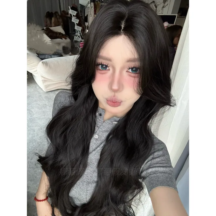 【氧气】自然黑进口混丝波浪卷气质长卷自然小额蕾丝女生C头套假发
