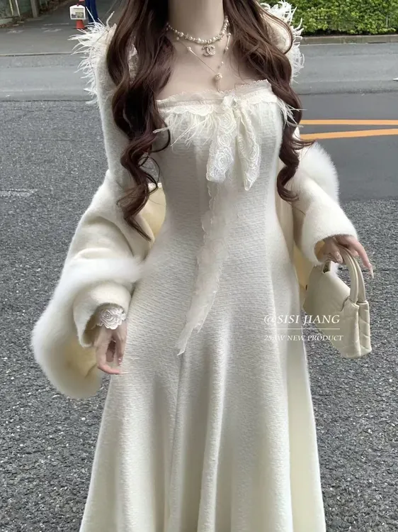 “雪绒蕾丝梦”纯欲甜美氛围感修身蕾丝花边长裙