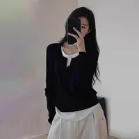【6821】大码胖mm气质设计感假两件长袖T恤女秋季韩版显瘦小衫上衣