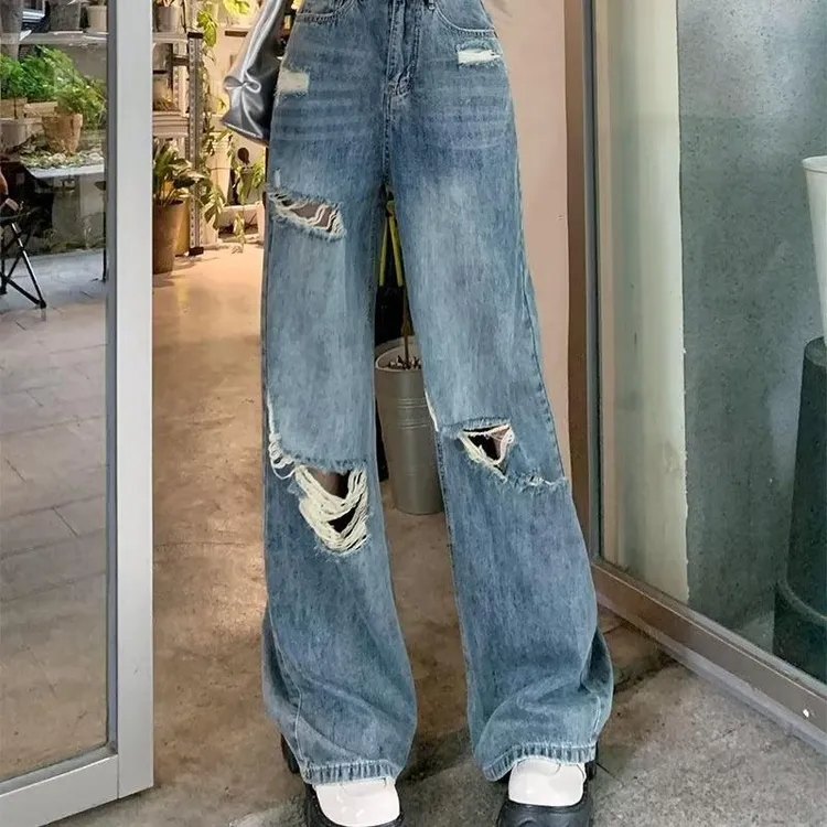 美式复古直筒牛仔裤女夏季破洞高腰显瘦宽松阔腿拖地长裤潮