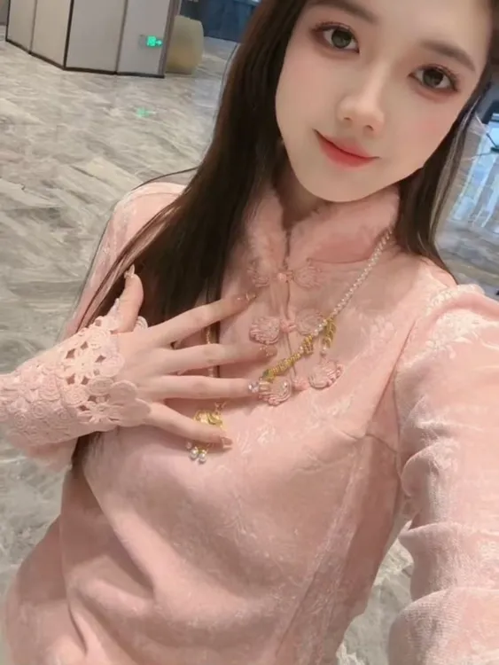 新中式国风加绒加厚盘扣蕾丝拼接打底衫女2025新款秋冬别致上衣潮