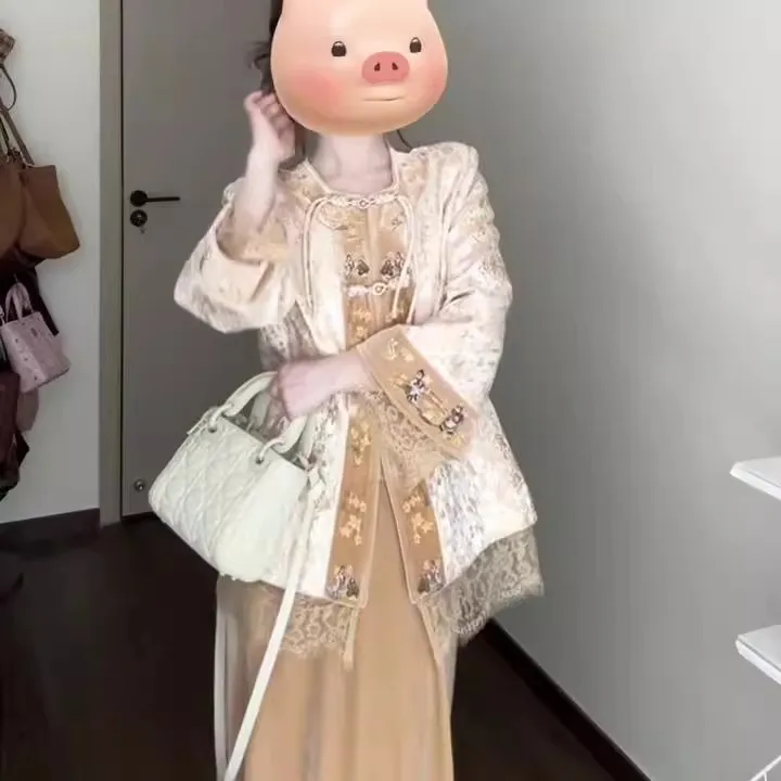 新中式国风套装富家千金贵气感复古刺绣拼接外套半身裙两件套春装