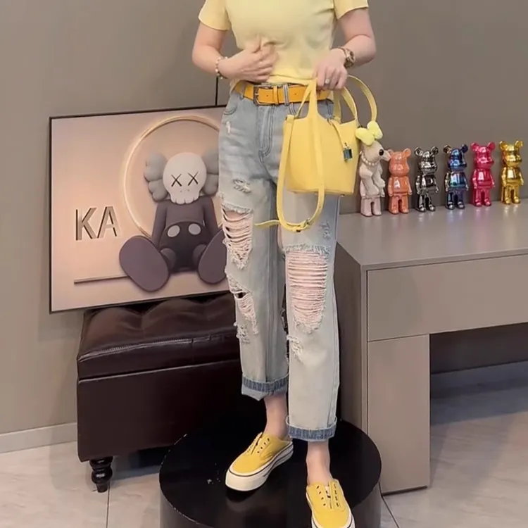 做旧夏季韩版哈伦裤破洞高腰阔腿痞帅风九分裤牛仔裤显瘦洋气潮流