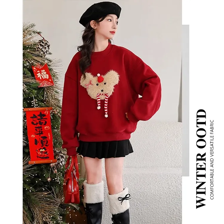 女童加绒红色卫衣秋冬款2024新款儿童加厚拜年衣服女大童冬季上衣