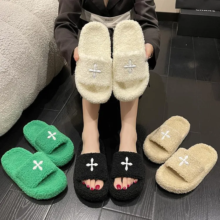 羊羔毛十字架毛拖鞋女外穿大码家居保暖月子棉拖跨境爆款外贸批发