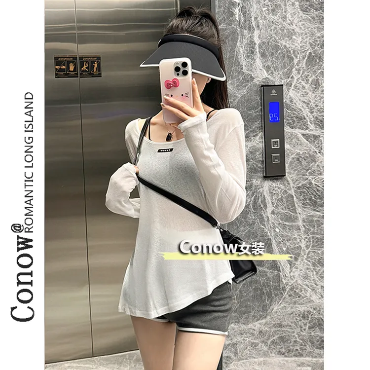 Conow薄款微透t恤女夏季新款宽松慵懒上衣设计感外搭长袖罩衫