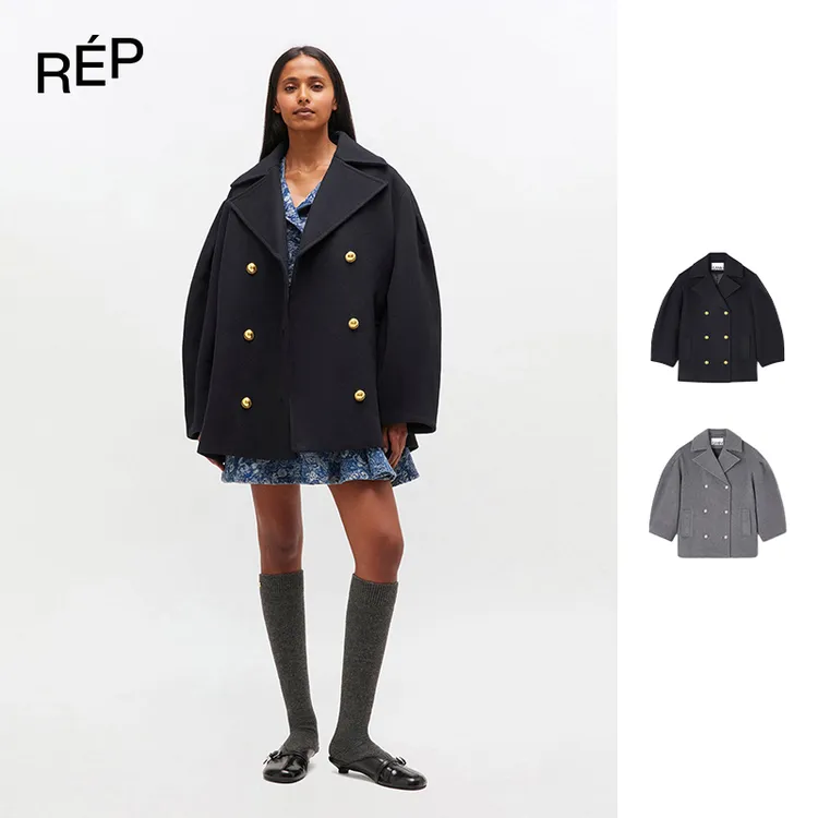 【5折现货】GANNI设计师品牌黑/灰色翻领双排扣外套（特价NO退换）