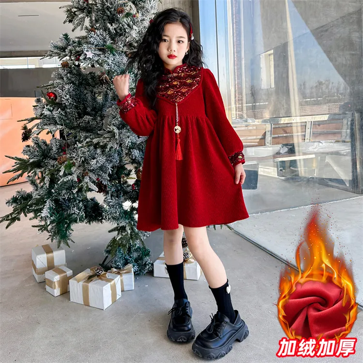 女童冬季加绒连衣裙2025新款女孩中国风红色拜年服雪尼尔裙子冬款