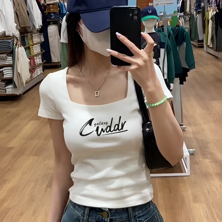 印花正肩t恤女短袖洋气夏季新款修身方领露锁骨紧身上衣内搭体恤