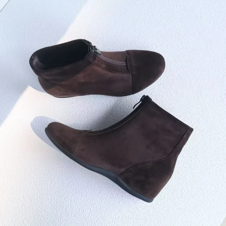 壹家shoes019025羊绒/弹力绒布5cm法式坡跟靴内增高靴子圆头短靴