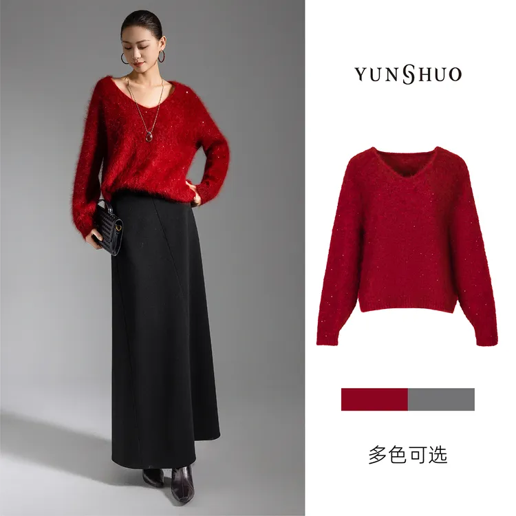 允硕新品时尚百搭V领兔毛女针织百搭宽松落肩长袖套头上衣739563