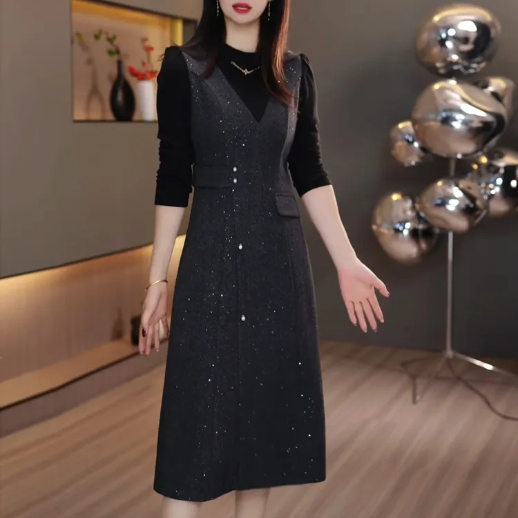 假两件高端气质连衣裙女2025冬季新款妈妈装修身显瘦减龄中长裙子