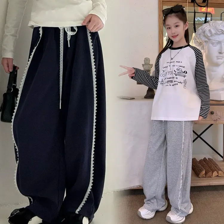 2025秋*拼接宽松T恤蕾丝花边直筒卫裤套装*依依家