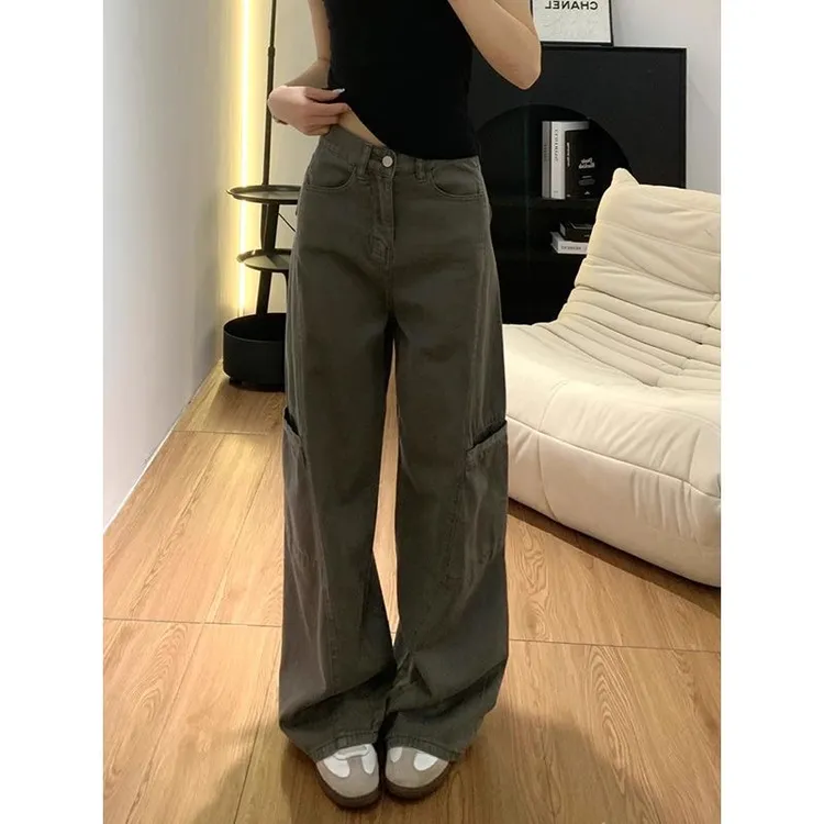 灰色阔腿微喇叭工装牛仔裤女2025秋季新款宽松高腰显瘦加长拖地裤