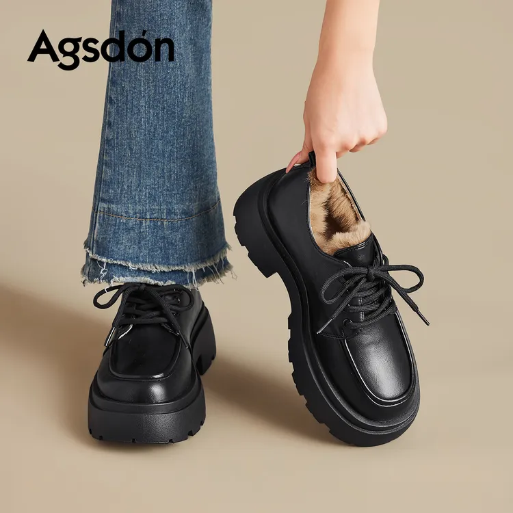 奥古狮登加绒乐福鞋女2025冬新款厚底英伦小皮鞋复古单鞋一脚蹬xx