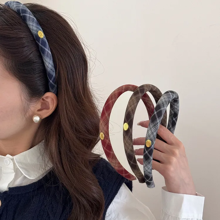 韩版小金标咖格纹发箍女2025新款早秋甜美气质头箍外出百搭压发卡