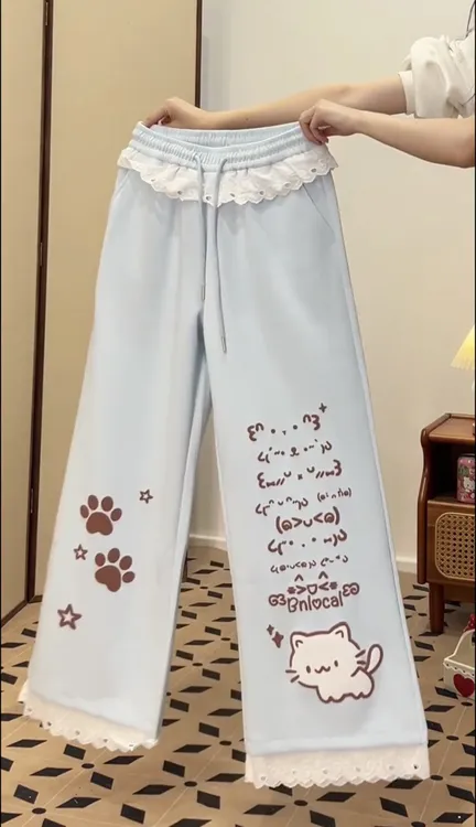 软妹少女猫咪印花蕾丝拼接直筒裤秋冬款加绒宽松甜美可爱显瘦长裤