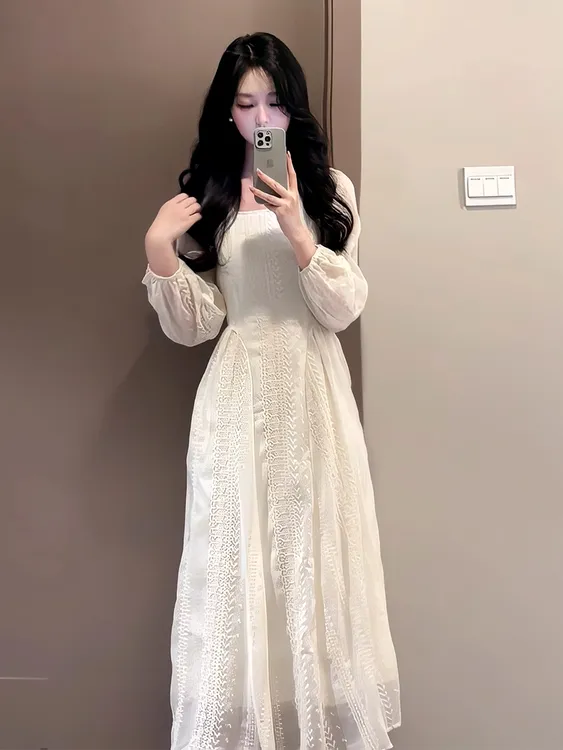 法式温柔风气质淑女白色连衣裙女装2025早秋新款休闲收腰显瘦长裙