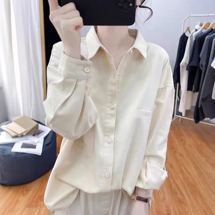 秋装纯棉Polo领长袖衬衫女式港风杏色上衣新款宽松显瘦工装衬衣潮