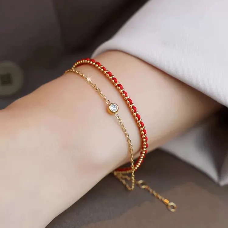 钛钢手链 不掉色精致百搭显白高级双层镶钻红绳泡泡手链J010