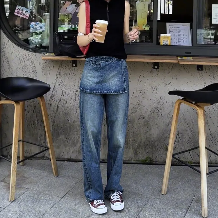 独特超好看屁帘直筒牛仔裤女装秋季2025新款大码胖mm宽松阔腿裤子