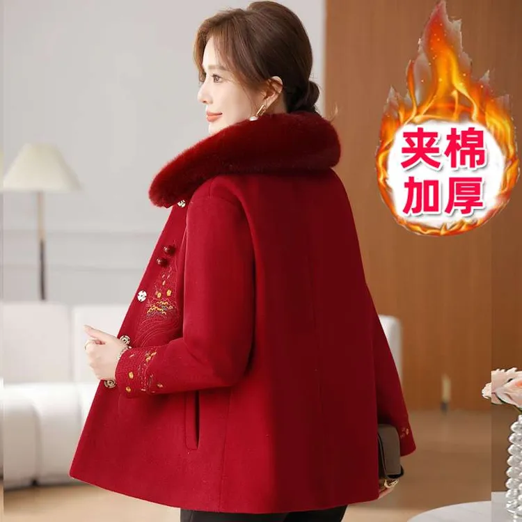 红豆冬季夹棉加厚毛呢外套本命年妈妈秋冬装中老年喜庆婚宴喜婆