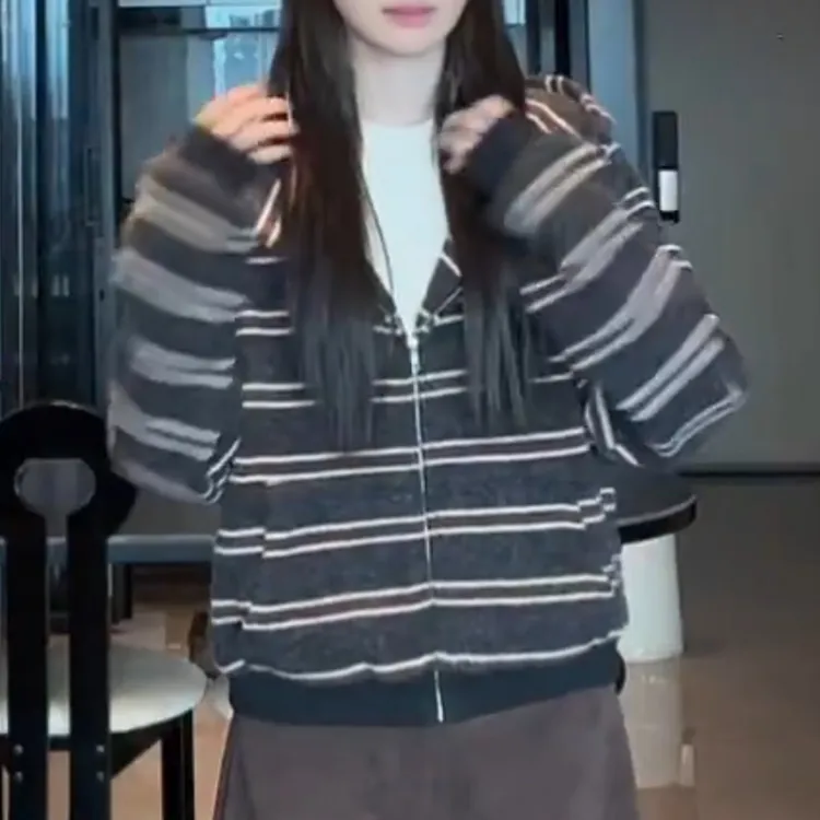 韩系宽松慵懒休闲条纹针织连帽卫衣女长袖百搭外套上衣LK2506681