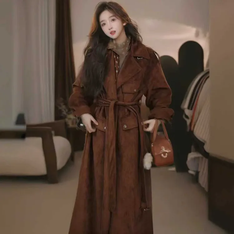 麂皮绒外套2025年秋季女韩版新款复古大衣翻领长款皮衣时尚系带潮