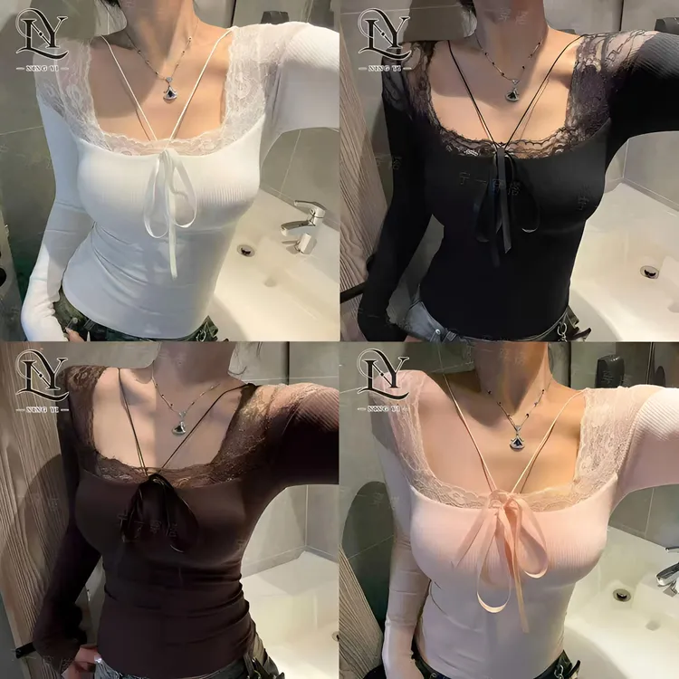 NY7108秋冬2025蕾丝新款自带胸垫长袖T恤打底衫内搭修身显瘦上衣