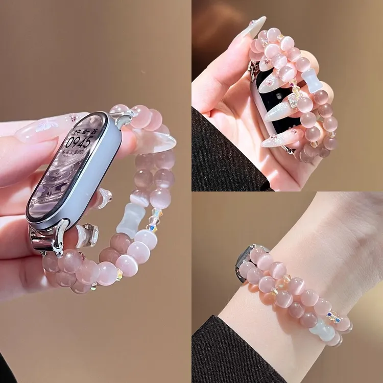 适用小米手环8/9/10手链表带紫水晶猫眼石串珠弹力女款腕带夏季