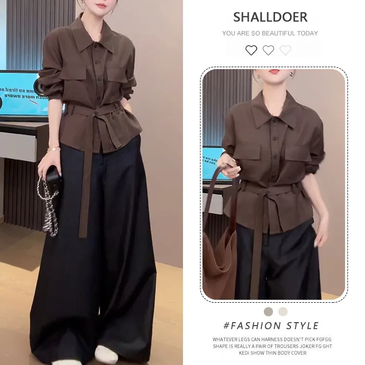 轻奢高级感系带长袖衬衫女2025年春秋新款轻熟风收腰显瘦开衫上衣
