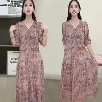 E441 时尚高级碎花气质连衣裙女2025夏季减龄遮肚子假两件裙子