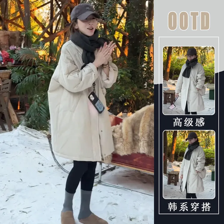 大码韩国女装秋季胖mm时尚休闲宽松简约保暖中长款夹棉外套