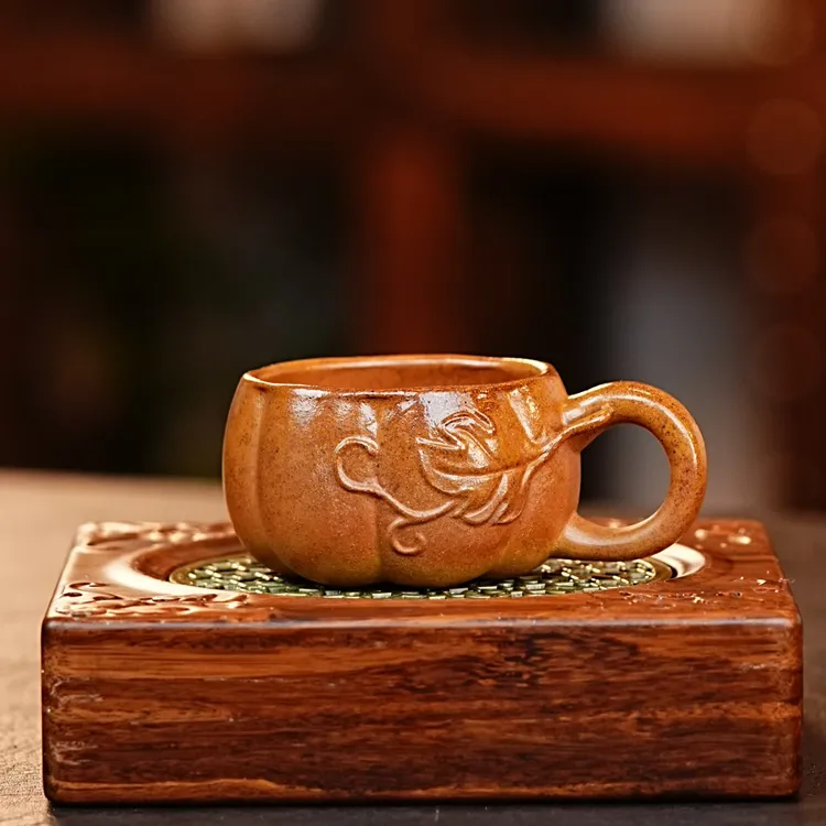 宜兴正宗紫砂黄金段柴烧南瓜带把杯紫砂茶器茶具主人杯网红茶器