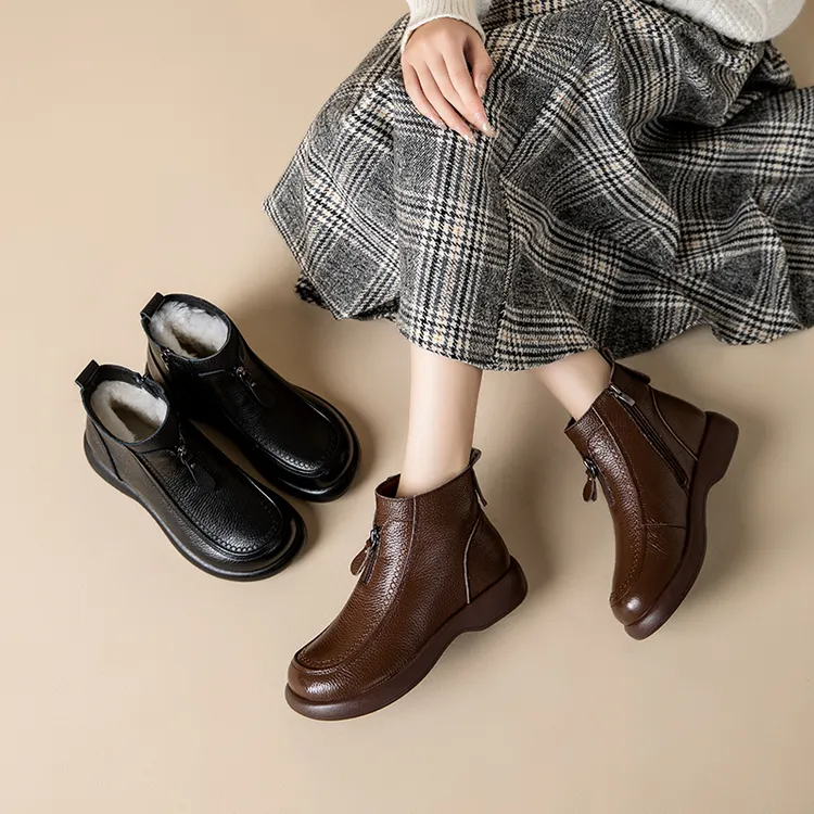平底秋冬季圆头短靴冬季方头防滑软底英伦风单靴3101