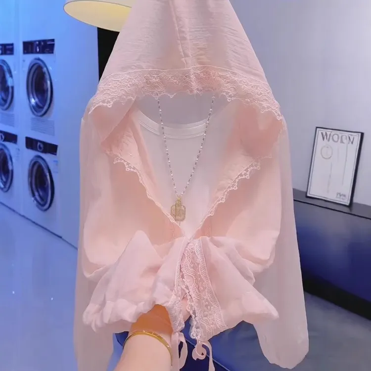 2025夏季新款女士休闲甜美粉色蕾丝花边防晒衣轻薄透气连帽薄外套