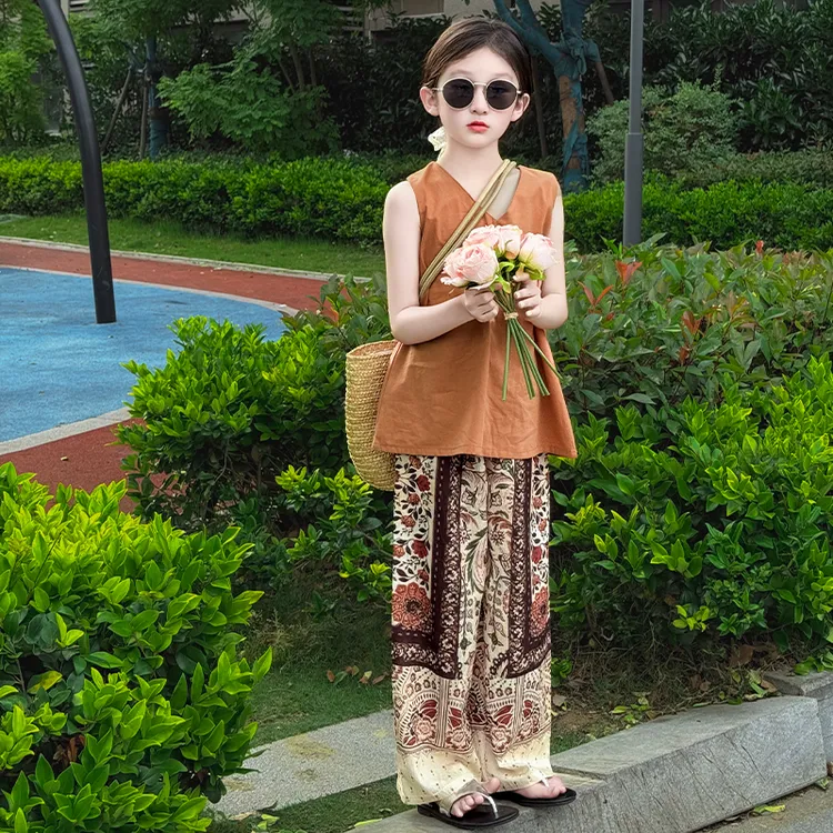 女童套装2025夏装新款洋气时髦休闲无袖背心民族风阔腿裤两件套潮