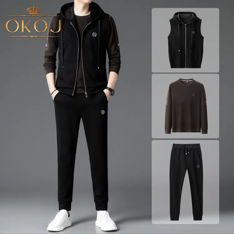 OKOJ休闲三件套男时尚百搭开衫马甲圆领卫衣秋冬新款户外运动套装