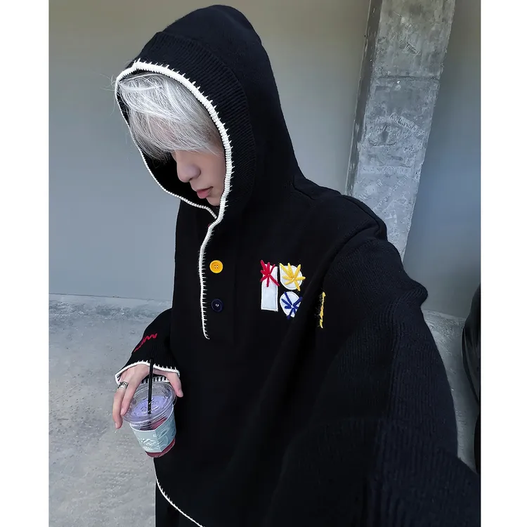 美式复古连帽毛衣外套男女装秋冬季多巴胺纽扣针织衫潮流宽松卫衣