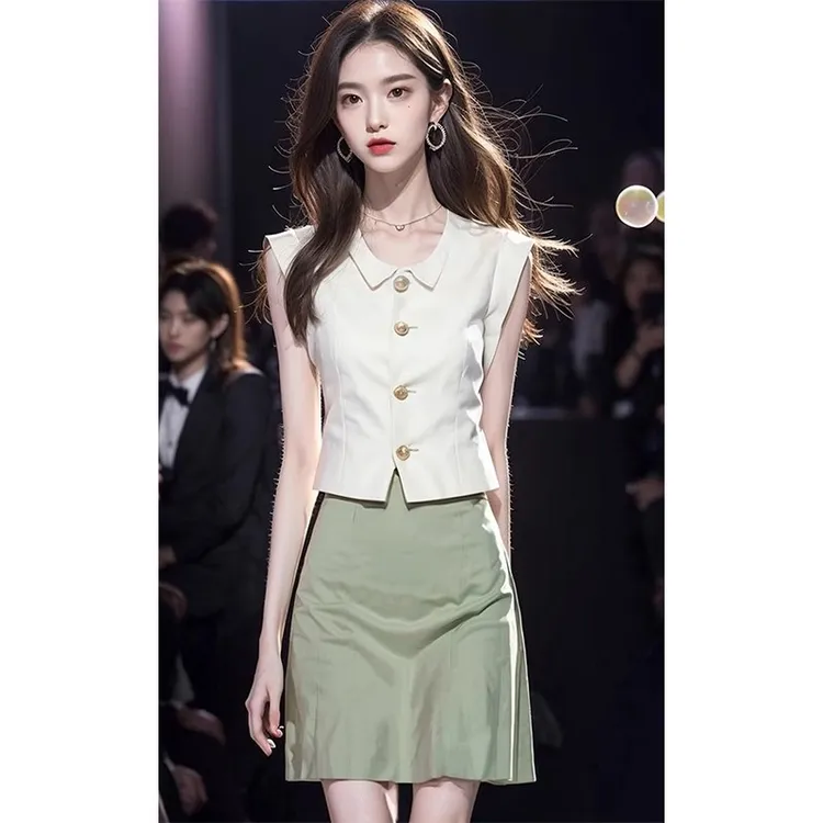 今年流行漂亮清冷感名媛气质高级感小香风纯色上衣半身裙女套装夏