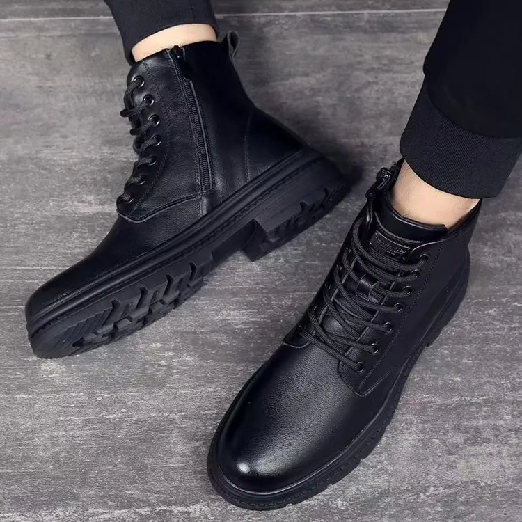 保罗正品保暖真皮高帮马丁靴男士中帮皮靴厚款侧拉链百搭工装靴子