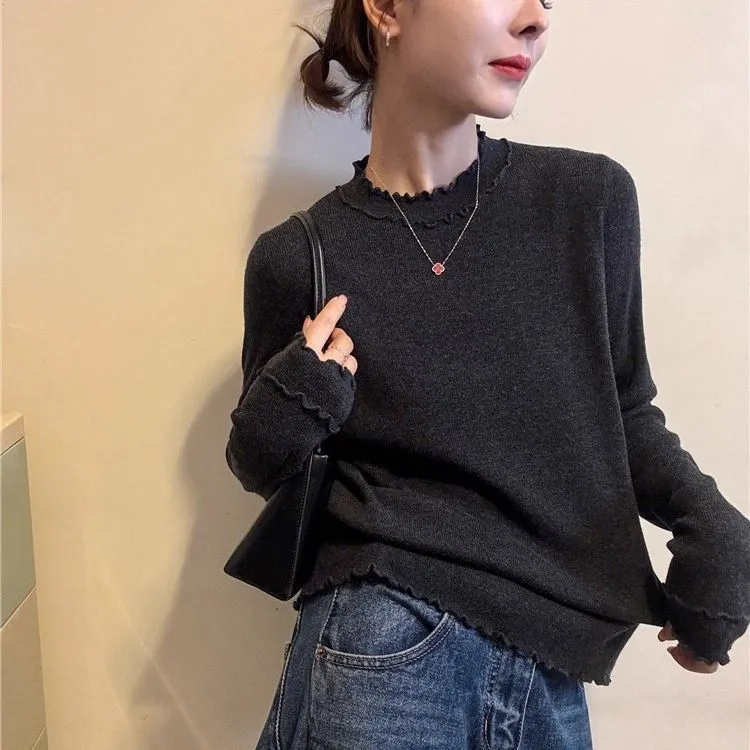 专柜品质秋冬新款百搭气质舒适简约纯色木耳边设计圆领打底针织衫