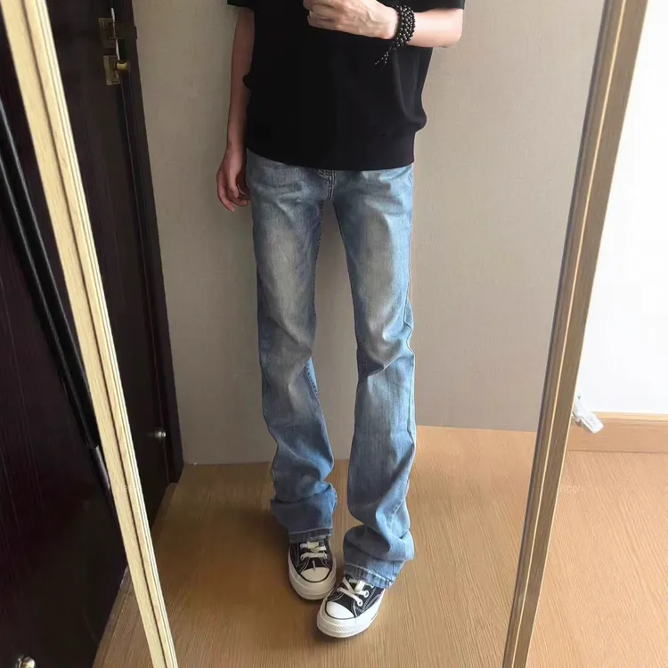 美式高街弯刀牛仔裤男春秋季新款高腰修身显瘦提档直筒微喇长裤子