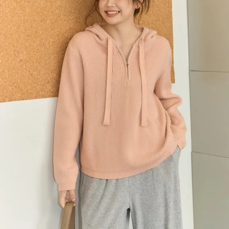 大码秋冬拉链连帽纯色慵懒韩版时尚胖mm套头百搭宽松女长袖针织衫