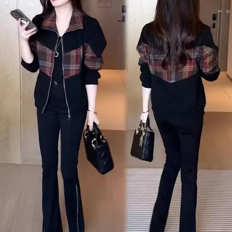 妈妈装秋季休闲格子夹克衫时尚洋气拼接上衣中年女士春秋显瘦外套
