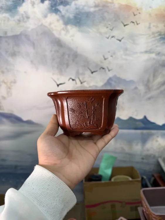 宜兴紫砂花盆内圆外方四方抽脚梅兰竹菊四君子花盆四角底撑14x7cm